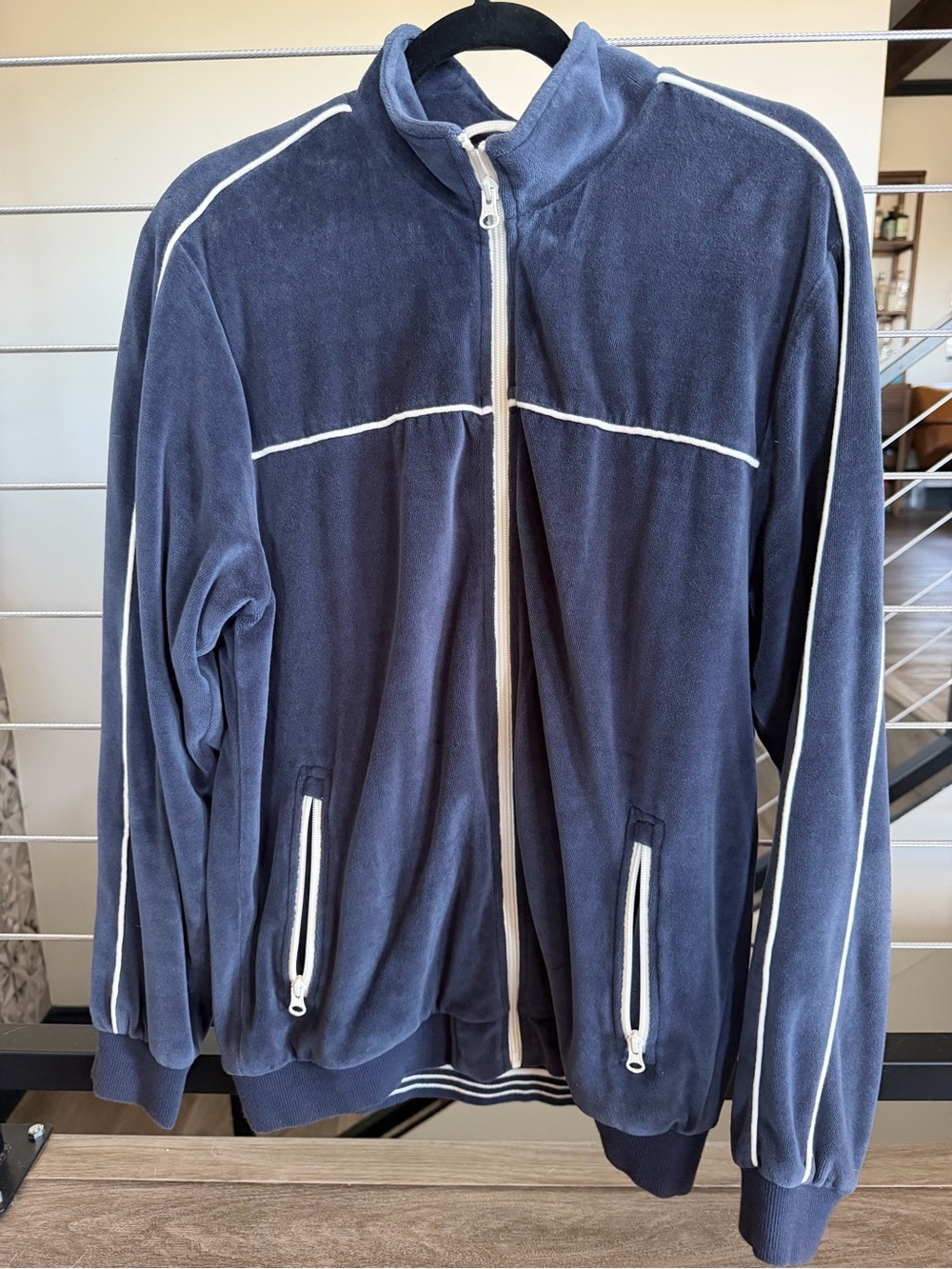 Marine Layer Men's Navy Zip-Up Track Jacket with White Piping